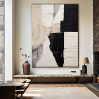 HKM-337619 Handmade Oil Painting on Canvas - Modern Abstract Black and White Texture Art for Home Decor, Unstretched & Frameless