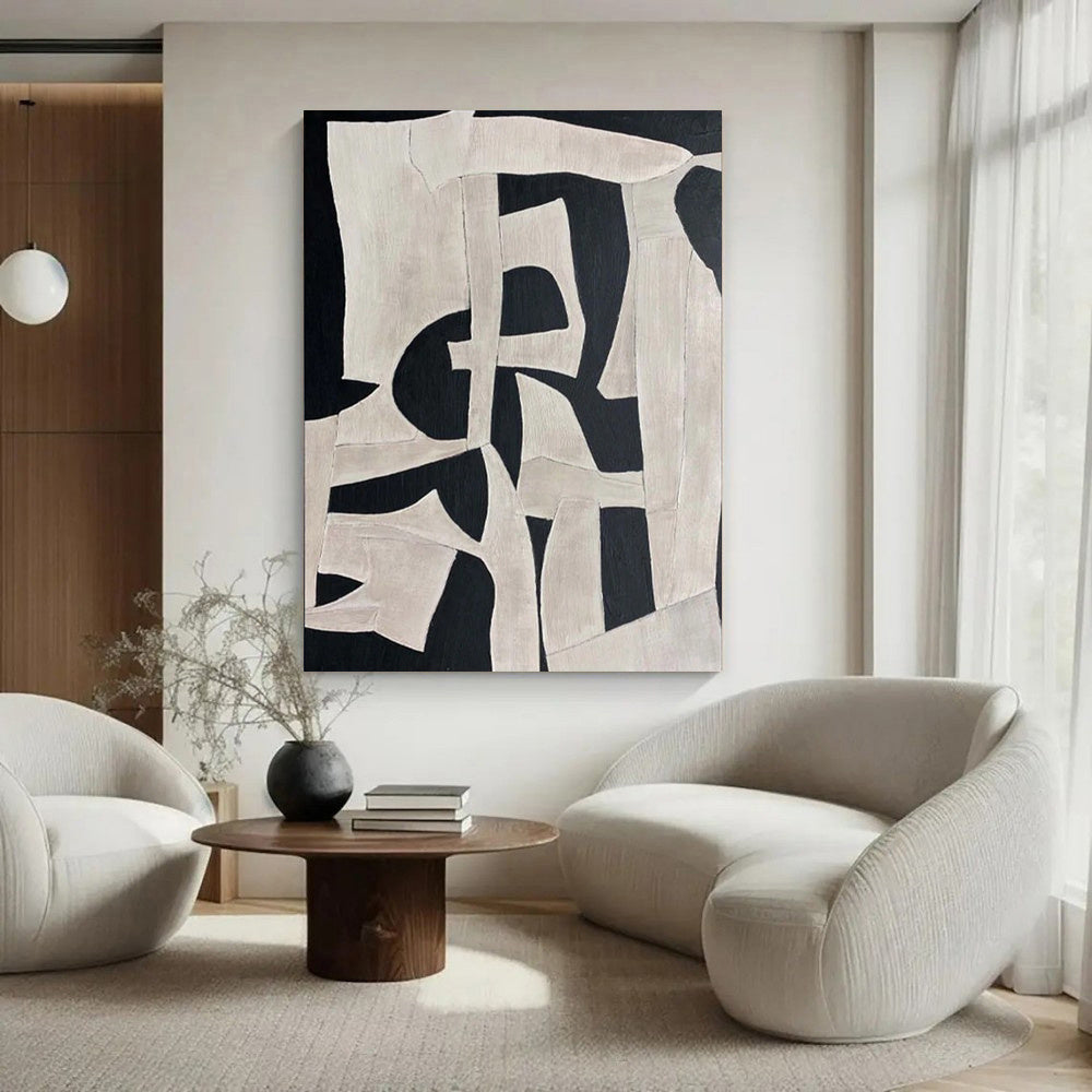 HKM-337619 Handmade Oil Painting on Canvas - Modern Abstract Black and White Texture Art for Home Decor, Unstretched & Frameless