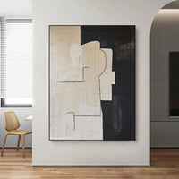 HKM-337619 Handmade Oil Painting on Canvas - Modern Abstract Black and White Texture Art for Home Decor, Unstretched & Frameless