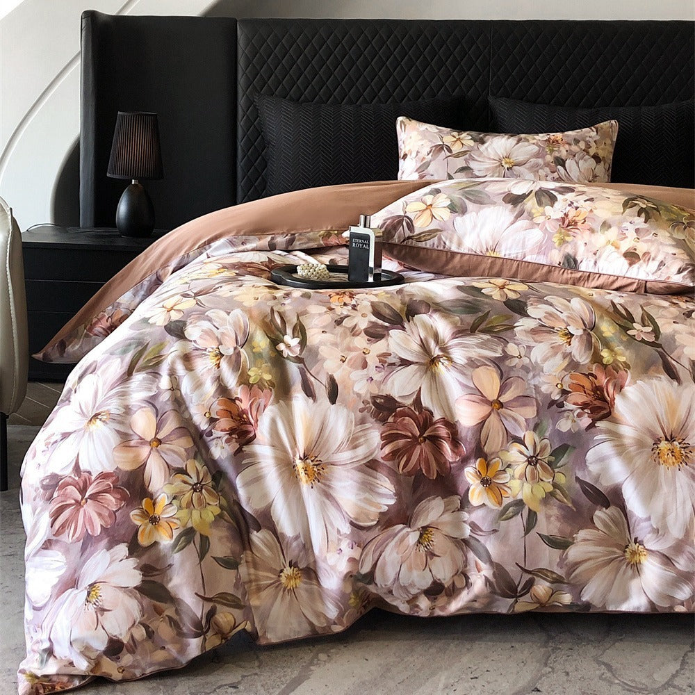 HKM-337683 Pastoral Style Double-Strand Long-Staple Cotton Printed Quilt Cover Set with Duvet Cover and Pillowcases