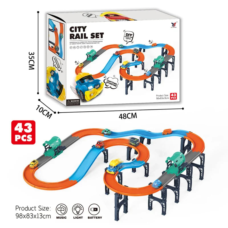 HKM-337939 Electric Speed Racing Track Car Set with Lights and Music for Kids - DIY Assembly Railway Toy