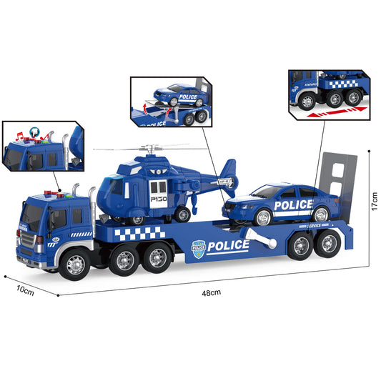 HKM-338323 3 in 1 Friction Toy Vehicle Set - Helicopter, Police Car, and Truck Trailer for Kids aged 2 to 14 Years
