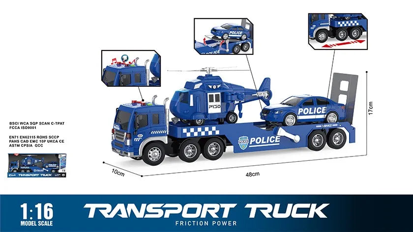 HKM-338323 3 in 1 Friction Toy Vehicle Set - Helicopter, Police Car, and Truck Trailer for Kids aged 2 to 14 Years