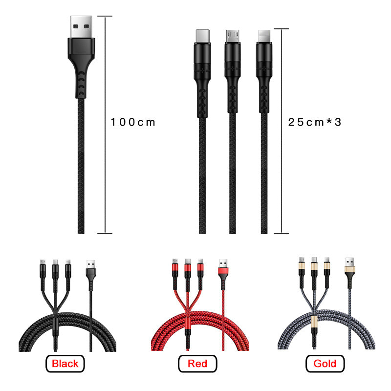 HKM-339027 3-in-1 Nylon Braided Data Cable with TPE Cover and Customizable Colors
