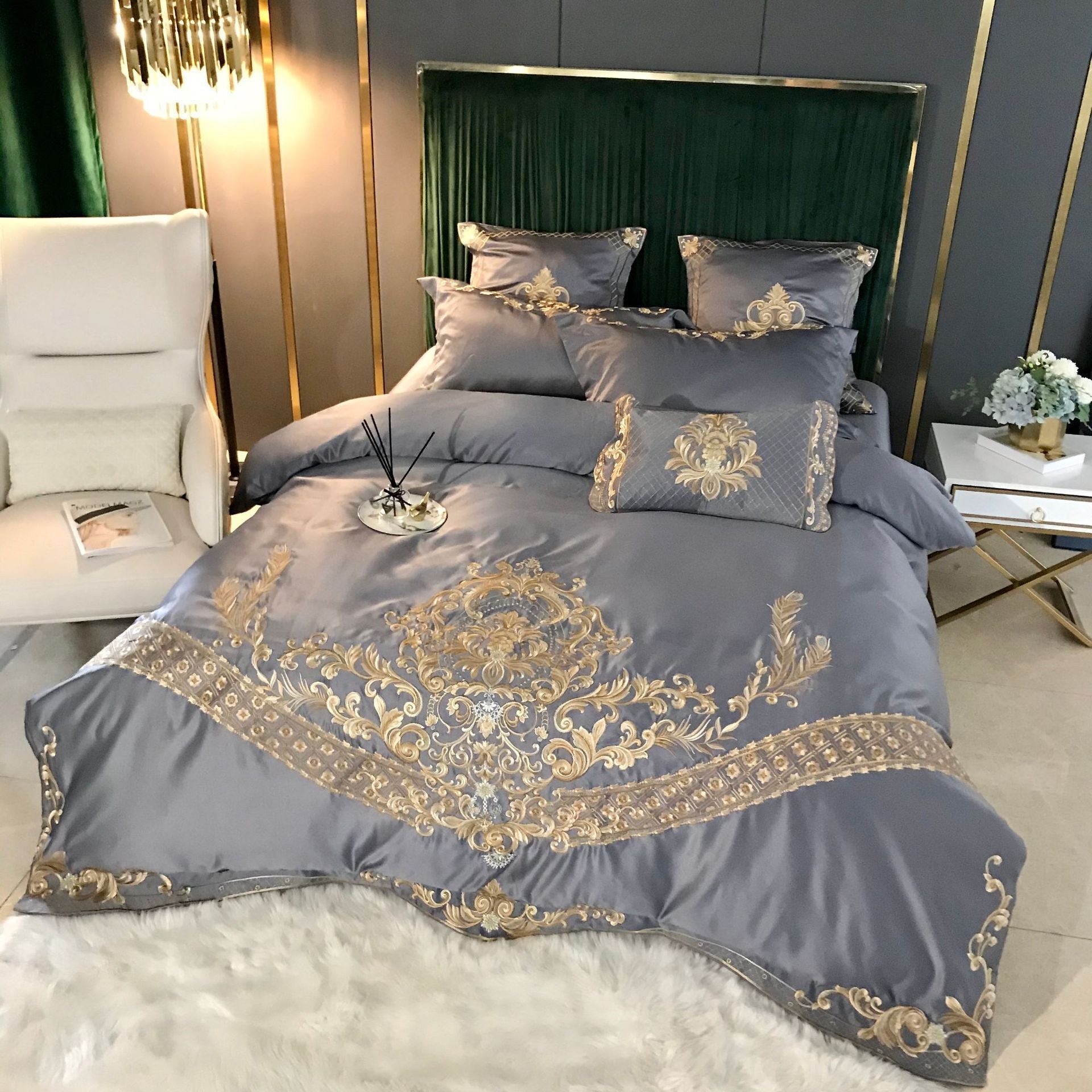 HKM-339155 Elegant Ice Silk Duvet Cover Set in Light Luxury European Style - 100% Cotton, 4-Piece Bedding Ensemble for 1.5m & 2m Beds