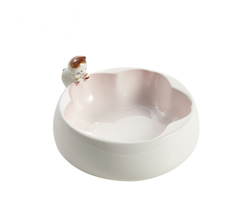 HKM-339347 Ceramic Cat Bowl in Pink and Green, Hand-Glazed, 200g Grain & 300ml Water Capacity, 18x16x7.8CM