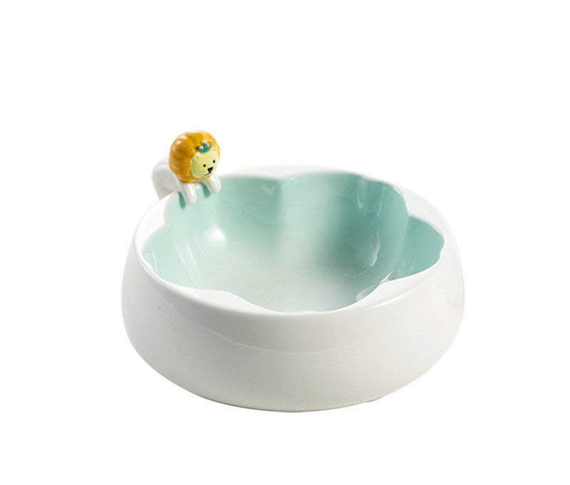 HKM-339347 Ceramic Cat Bowl in Pink and Green, Hand-Glazed, 200g Grain & 300ml Water Capacity, 18x16x7.8CM