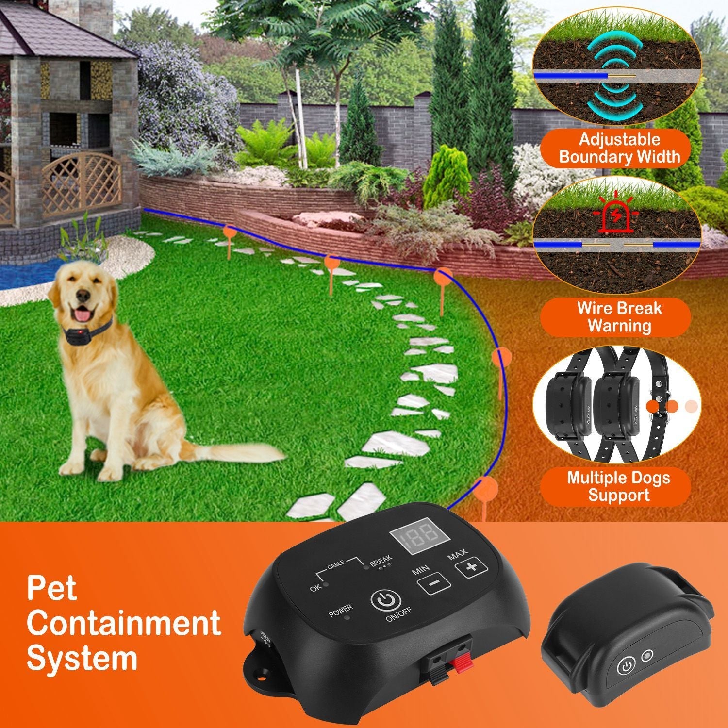 HKM-339667 Rechargeable Dog Containment System with 100 Adjustable Levels, IPX7 Waterproof Receiver for Safe Boundary Training
