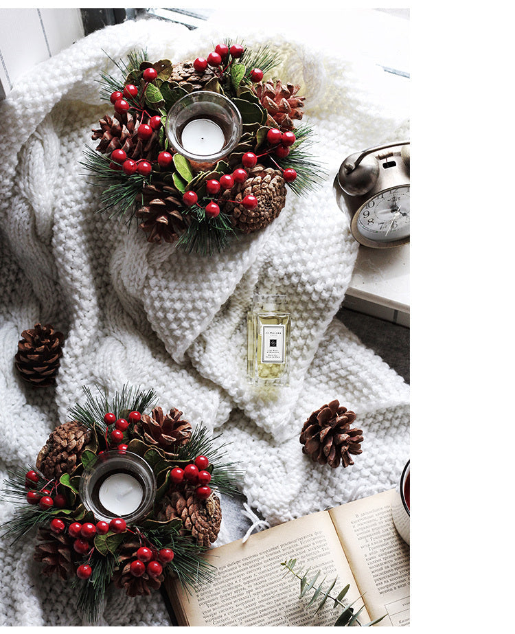 HKM-340115 Pine Needle Branch Candlestick Garland – Natural Wooden Decor for Home