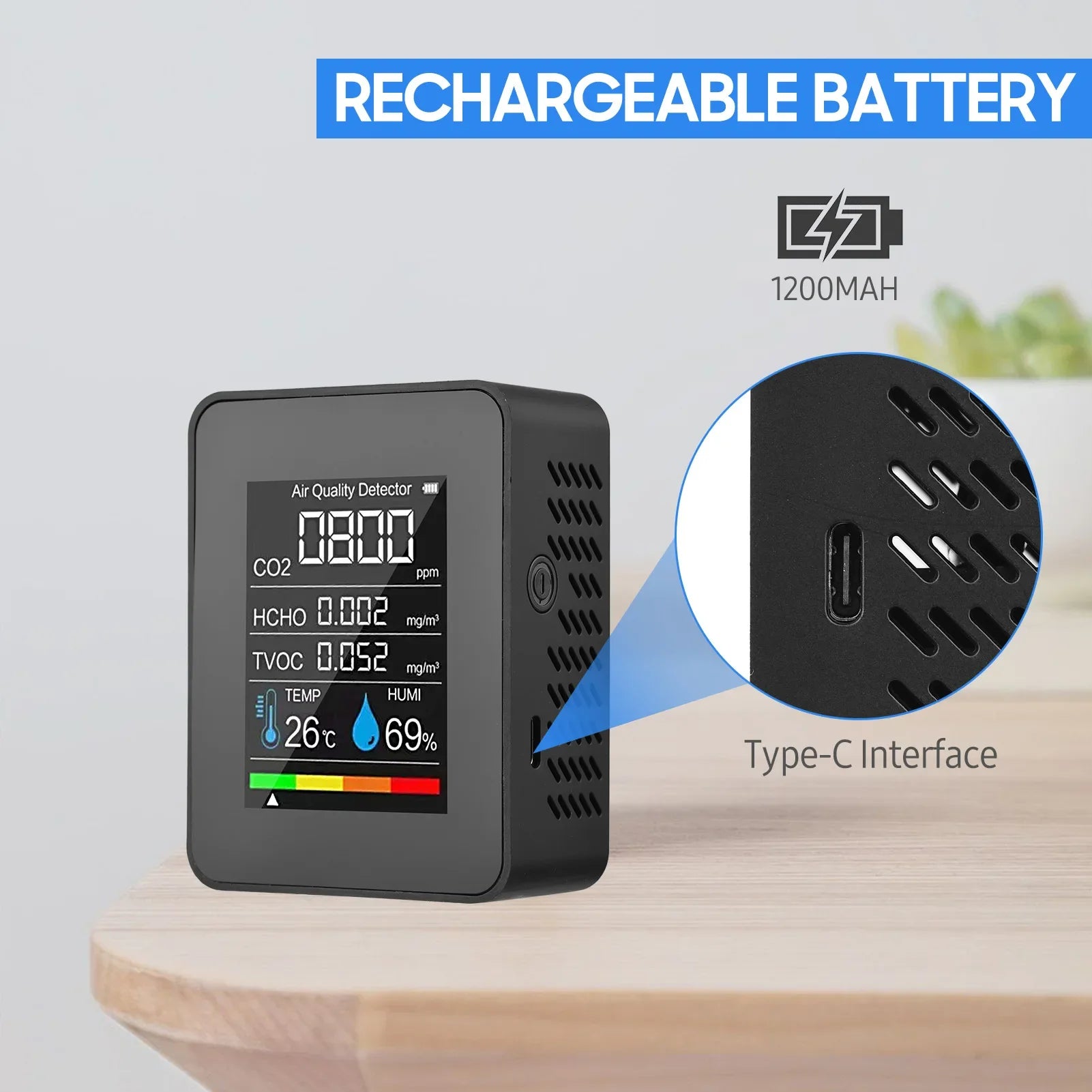 KTX-340179 Digital 5-in-1 Indoor Air Quality Meter for CO2, TVOC, HCHO, Temperature and Humidity Monitoring with LCD Display