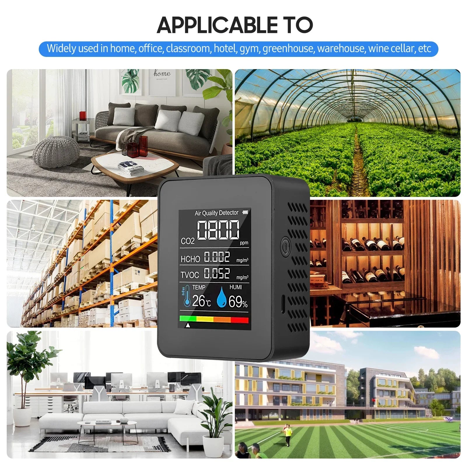 KTX-340179 Digital 5-in-1 Indoor Air Quality Meter for CO2, TVOC, HCHO, Temperature and Humidity Monitoring with LCD Display