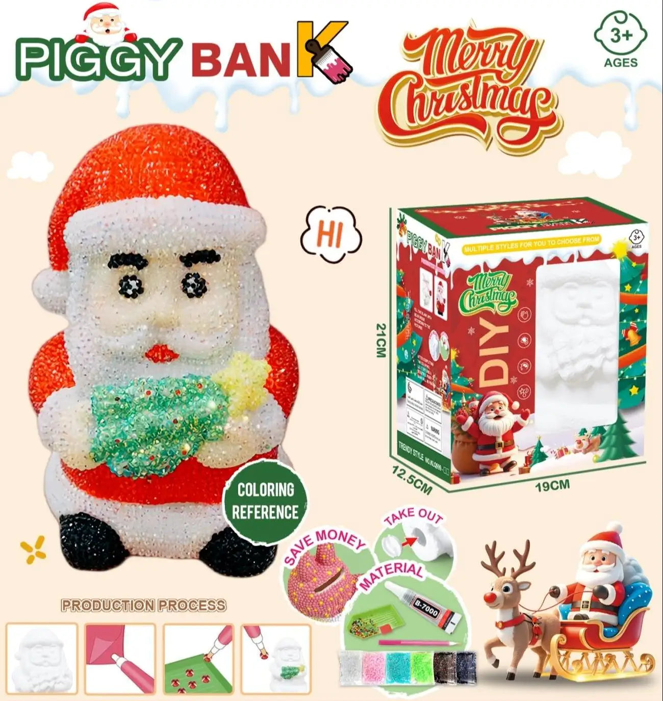 HKM-340563 Handmade Santa Claus DIY Piggy Bank Sculpture for Kids - Christmas Decoration Toys