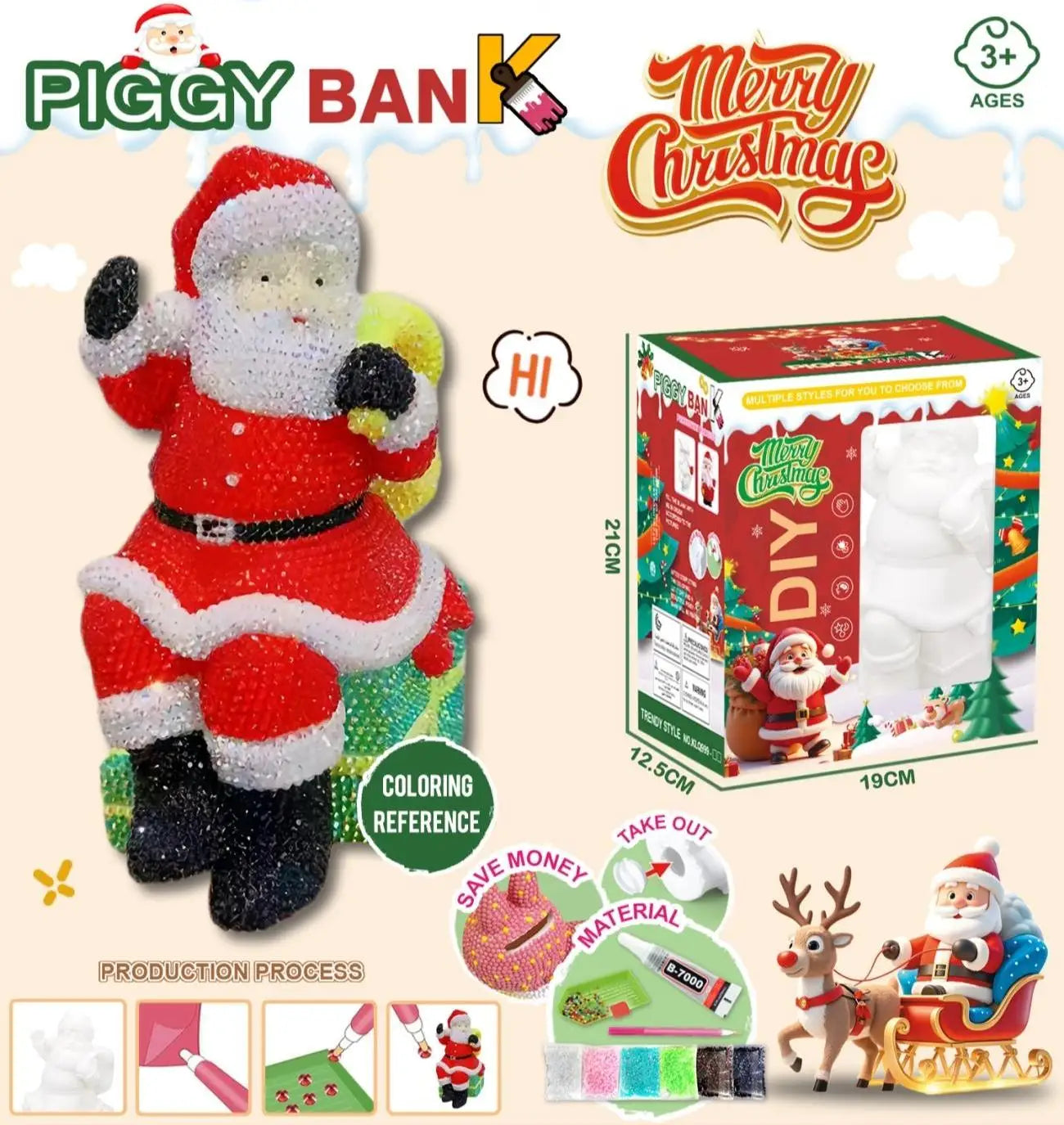 HKM-340563 Handmade Santa Claus DIY Piggy Bank Sculpture for Kids - Christmas Decoration Toys