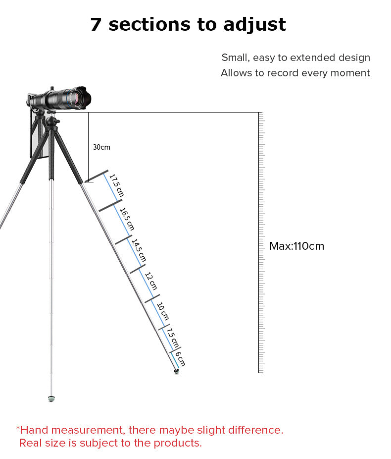 HKM-341203 Telescopic Tripod for Smartphones - 110CM Height, 7 Sections, High Elastic Rubber, Waterproof, Anti-Skid