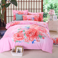 HKM-341907 Cotton Linen Quilt Cover Bedding Set in Red with Plant Floral Design for 1.8m Bed