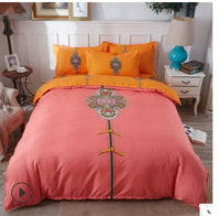 HKM-341907 Cotton Linen Quilt Cover Bedding Set in Red with Plant Floral Design for 1.8m Bed