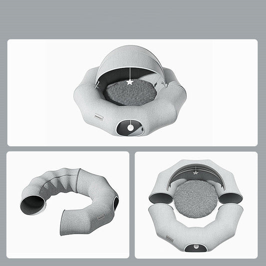 HKM-341971 Foldable Cat Tunnel with Removable Cushion and Summer Ice Nest - Breathable Suede and Shumei Silk Design