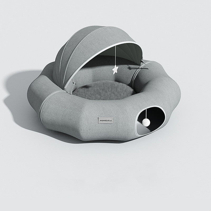 HKM-341971 Foldable Cat Tunnel with Removable Cushion and Summer Ice Nest - Breathable Suede and Shumei Silk Design