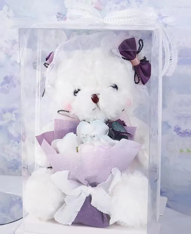 HKM-341971 Teddy Bear with Soap Flower Bouquet Gift Box - Ideal for Kids Ages 2 and Up