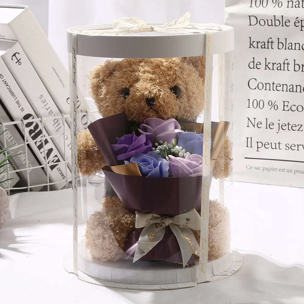 HKM-341971 Teddy Bear with Soap Flower Bouquet Gift Box - Ideal for Kids Ages 2 and Up