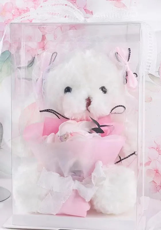 HKM-341971 Teddy Bear with Soap Flower Bouquet Gift Box - Ideal for Kids Ages 2 and Up