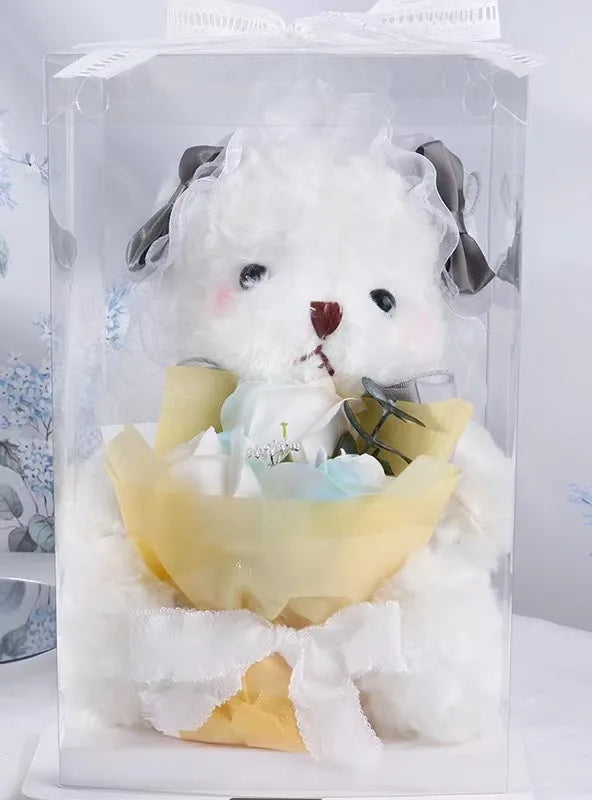 HKM-341971 Teddy Bear with Soap Flower Bouquet Gift Box - Ideal for Kids Ages 2 and Up