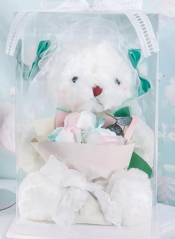 HKM-341971 Teddy Bear with Soap Flower Bouquet Gift Box - Ideal for Kids Ages 2 and Up