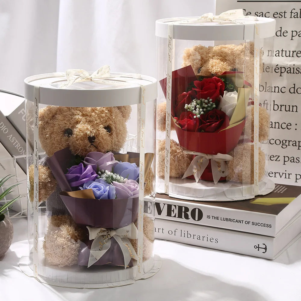 HKM-341971 Teddy Bear with Soap Flower Bouquet Gift Box - Ideal for Kids Ages 2 and Up