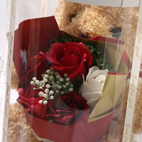 HKM-341971 Teddy Bear with Soap Flower Bouquet Gift Box - Ideal for Kids Ages 2 and Up