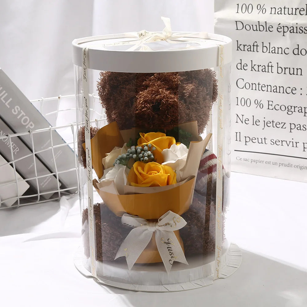 HKM-341971 Teddy Bear with Soap Flower Bouquet Gift Box - Ideal for Kids Ages 2 and Up