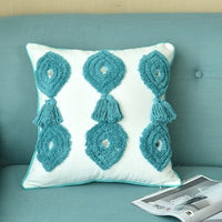 HKM-342099 Handmade Boho Style Ivory Pillowcase with Tassels, 45x45cm Linen Cushion Cover