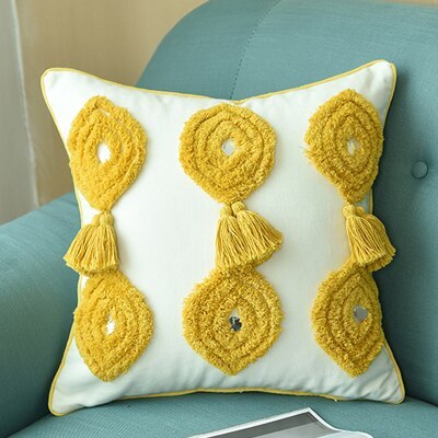 HKM-342099 Handmade Boho Style Ivory Pillowcase with Tassels, 45x45cm Linen Cushion Cover