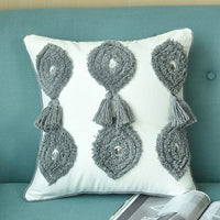 HKM-342099 Handmade Boho Style Ivory Pillowcase with Tassels, 45x45cm Linen Cushion Cover