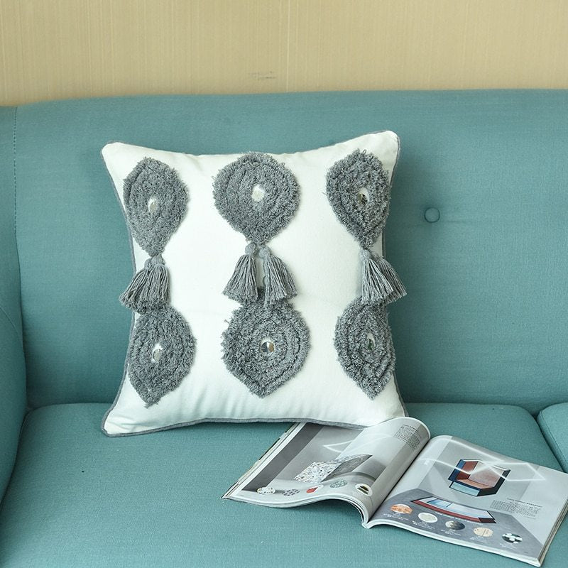 HKM-342099 Handmade Boho Style Ivory Pillowcase with Tassels, 45x45cm Linen Cushion Cover