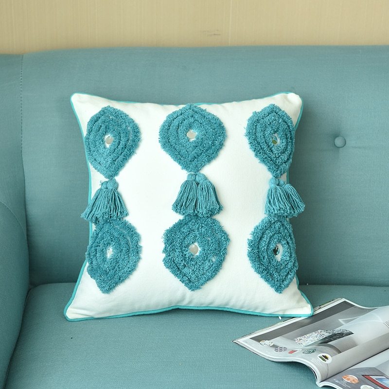 HKM-342099 Handmade Boho Style Ivory Pillowcase with Tassels, 45x45cm Linen Cushion Cover