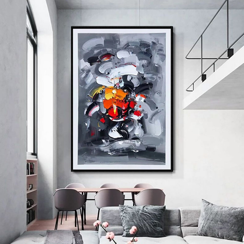 HKM-342227 Abstract Grey Handmade Oil Painting on Canvas - Modern Vertical Wall Art for Living Room and Home Decor
