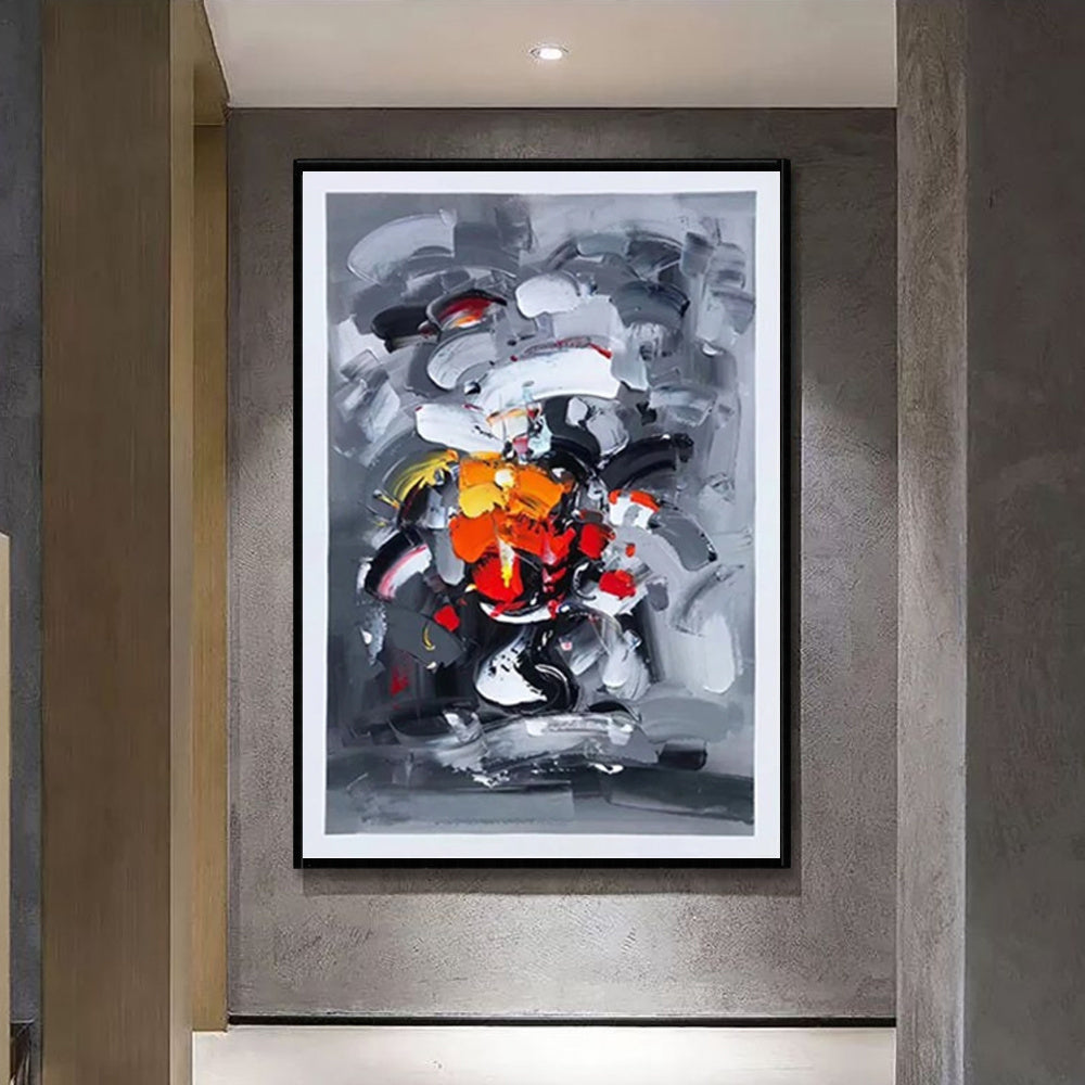 HKM-342227 Abstract Grey Handmade Oil Painting on Canvas - Modern Vertical Wall Art for Living Room and Home Decor