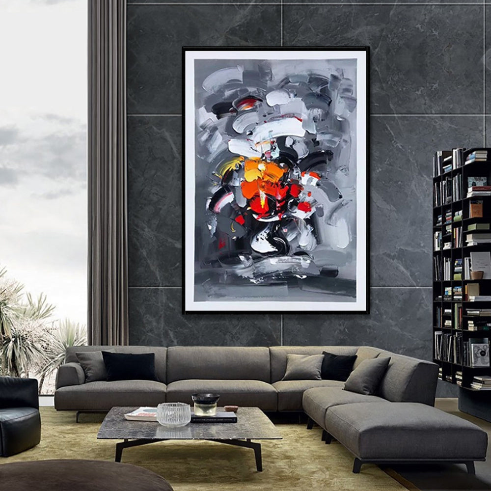 HKM-342227 Abstract Grey Handmade Oil Painting on Canvas - Modern Vertical Wall Art for Living Room and Home Decor