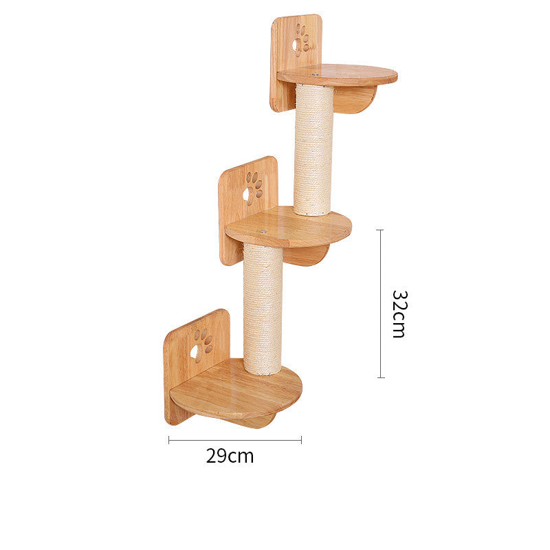 HKM-342291 Wall-Mounted Solid Wood Cat Climbing Platform with Sisal Grabbing Pole