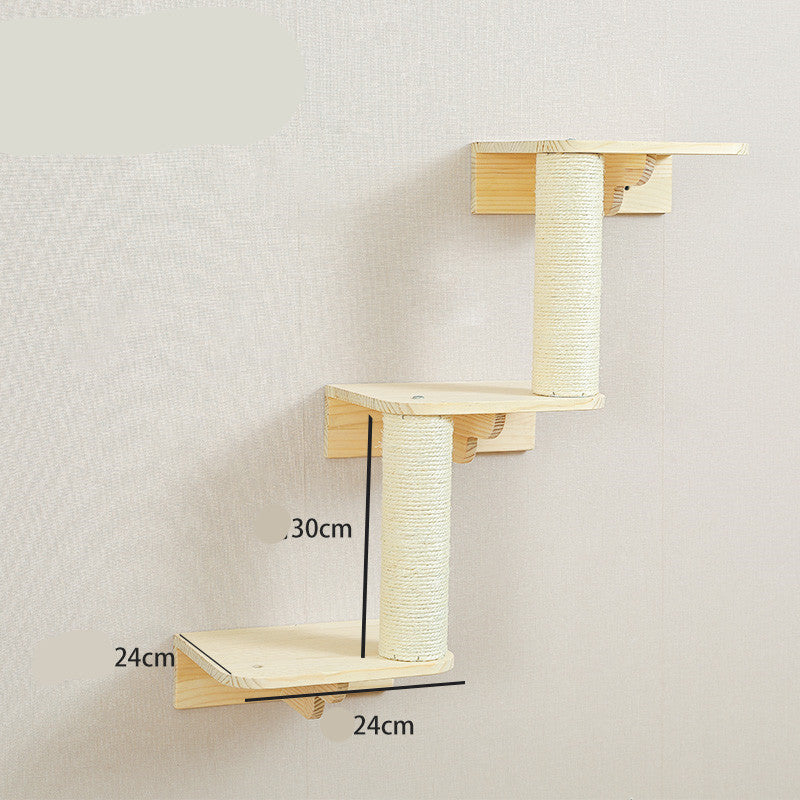HKM-342291 Wall-Mounted Solid Wood Cat Climbing Platform with Sisal Grabbing Pole