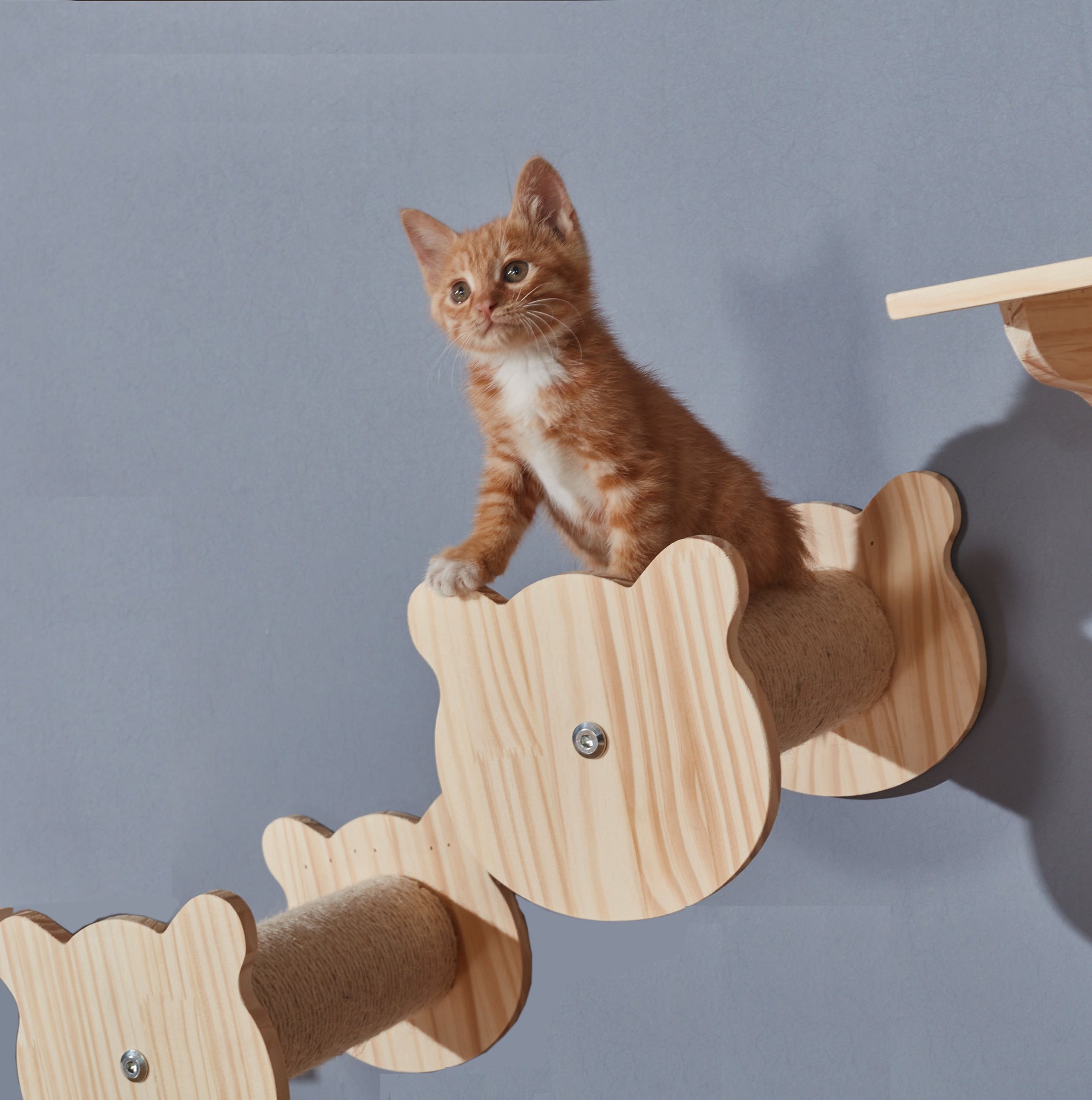 HKM-342291 Wall-Mounted Solid Wood Cat Climbing Platform with Sisal Grabbing Pole