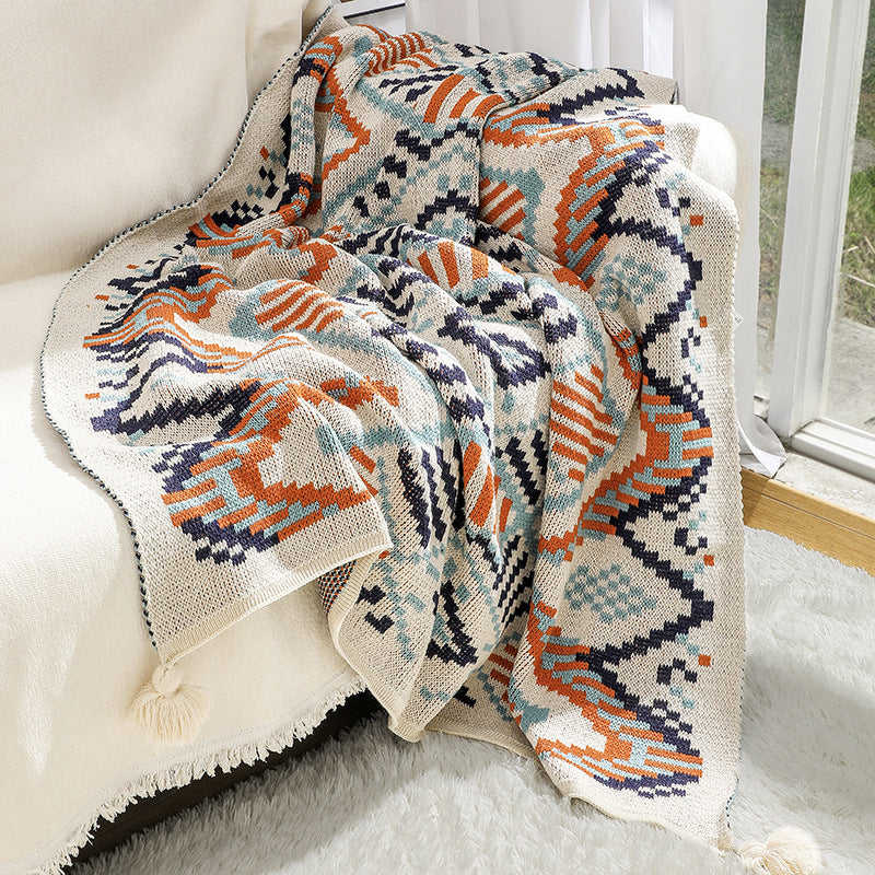 HKM-342611 Bohemian Knitted Sofa Blanket with Geometric Pattern in Acrylic Cashmere - Multiple Sizes Available