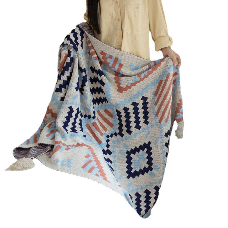HKM-342611 Bohemian Knitted Sofa Blanket with Geometric Pattern in Acrylic Cashmere - Multiple Sizes Available