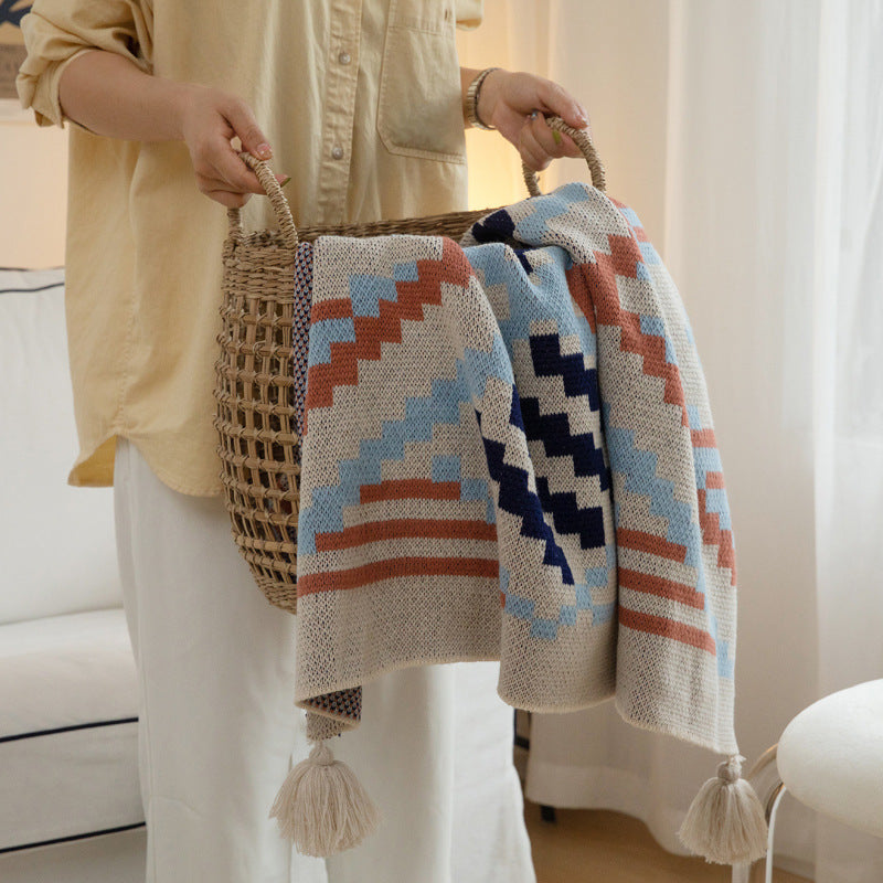 HKM-342611 Bohemian Knitted Sofa Blanket with Geometric Pattern in Acrylic Cashmere - Multiple Sizes Available