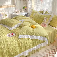 HKM-342611 Seersucker Solid Color Four-Piece Quilt Cover Set with Bed Skirt and Pillowcases