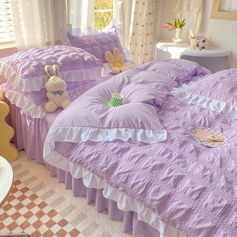 HKM-342611 Seersucker Solid Color Four-Piece Quilt Cover Set with Bed Skirt and Pillowcases