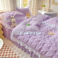 HKM-342611 Seersucker Solid Color Four-Piece Quilt Cover Set with Bed Skirt and Pillowcases