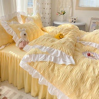 HKM-342611 Seersucker Solid Color Four-Piece Quilt Cover Set with Bed Skirt and Pillowcases
