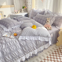 HKM-342611 Seersucker Solid Color Four-Piece Quilt Cover Set with Bed Skirt and Pillowcases