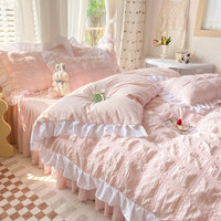 HKM-342611 Seersucker Solid Color Four-Piece Quilt Cover Set with Bed Skirt and Pillowcases